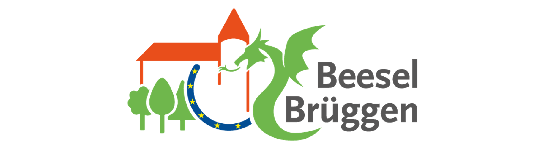Logo Beesel-Brüggen: Umriss Burg orange, unter linker Teil der Burg drei grüne Bäume, rechts davon blauer Halbkreis mit gelben Sternen als Zeichen der Europäischen Union, rechts von der Burg grüner Drache, rechts Schriftzug "Beesel Brüggen"